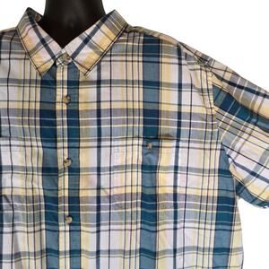 KingSize Blue Yellow Plaid‎ Button Up Shirt Short Sleeve Casual Mens 4XL